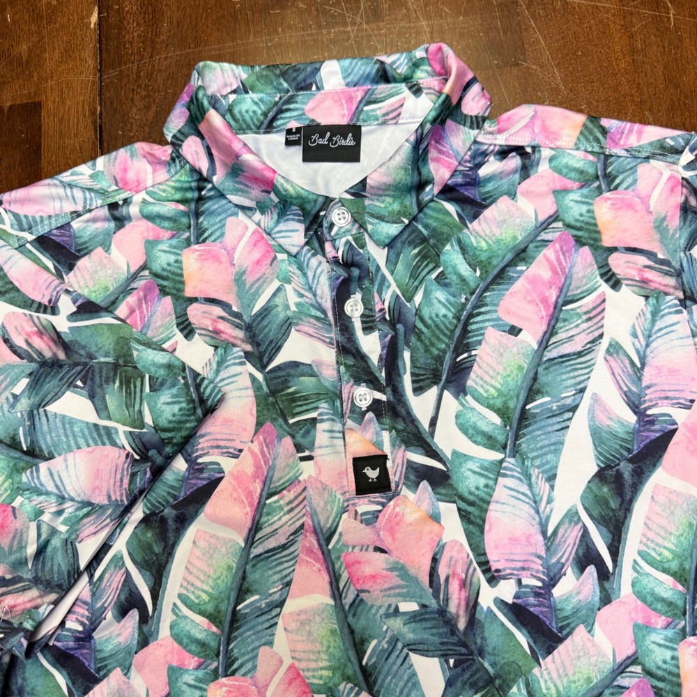 Bad Birdie Golf Polo Mens S Pink Green Tropical Banana Leaf Print Performance